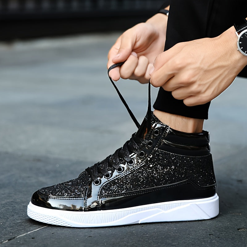 Faux Patent Leather High Top Skate Shoes, Comfy Sneakers