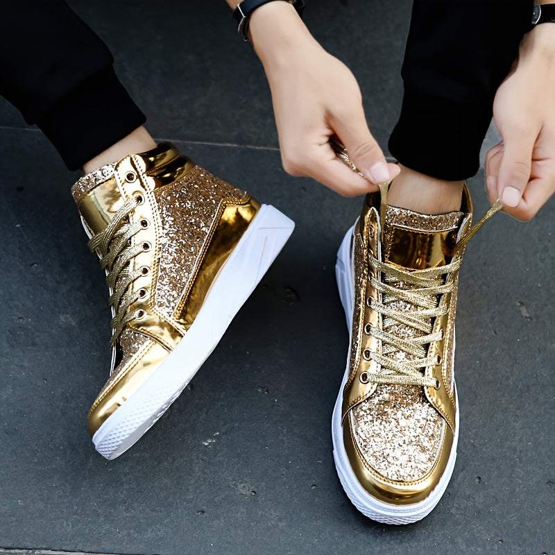 Faux Patent Leather High Top Skate Shoes, Comfy Sneakers