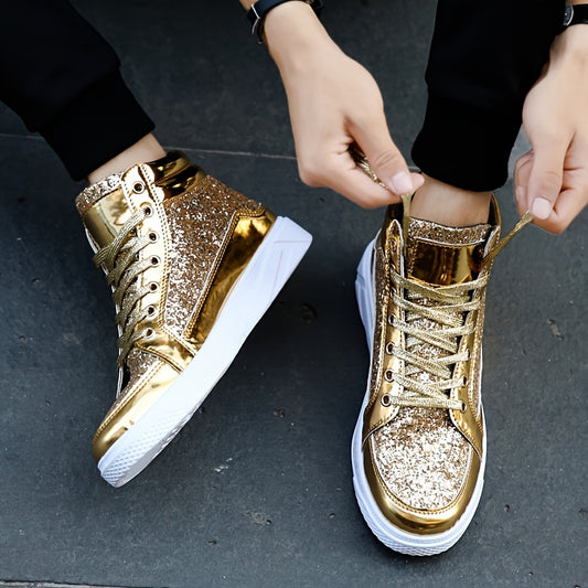 Faux Patent Leather High Top Skate Shoes, Comfy Sneakers