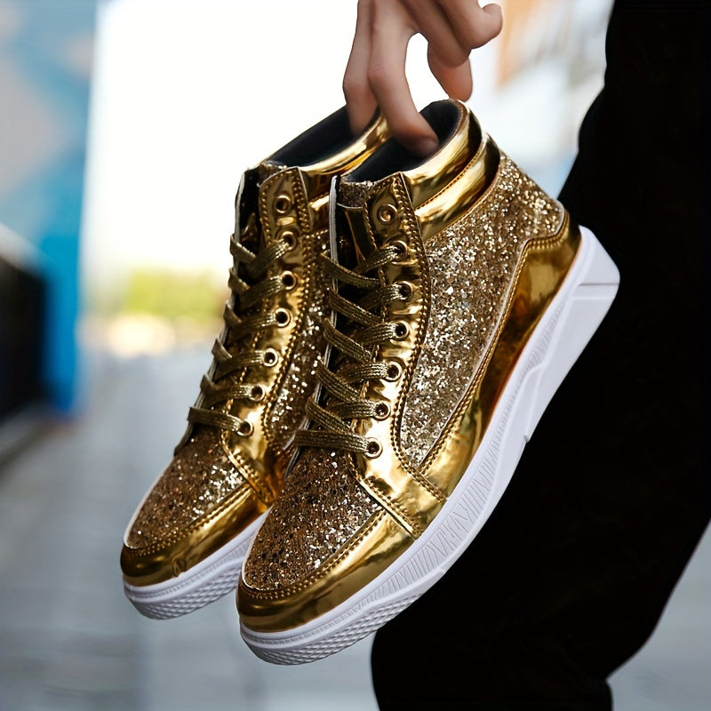 Faux Patent Leather High Top Skate Shoes, Comfy Sneakers