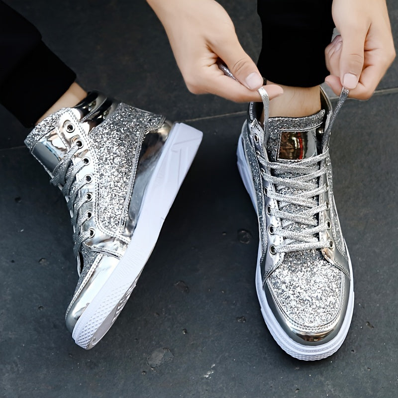 Faux Patent Leather High Top Skate Shoes, Comfy Sneakers