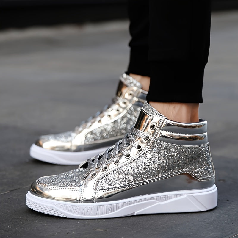 Faux Patent Leather High Top Skate Shoes, Comfy Sneakers