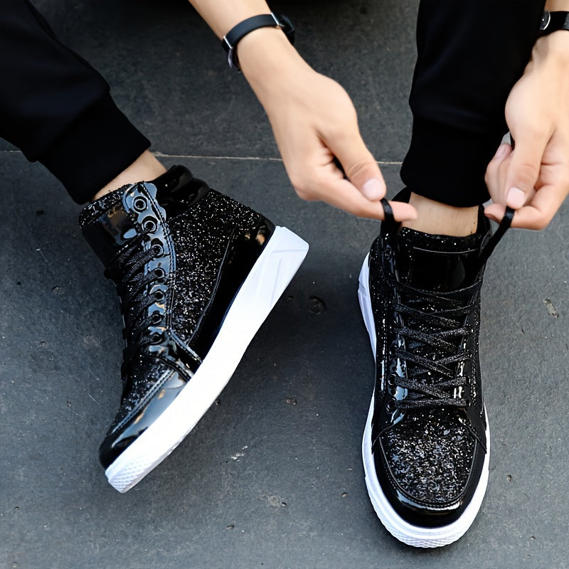 Faux Patent Leather High Top Skate Shoes, Comfy Sneakers