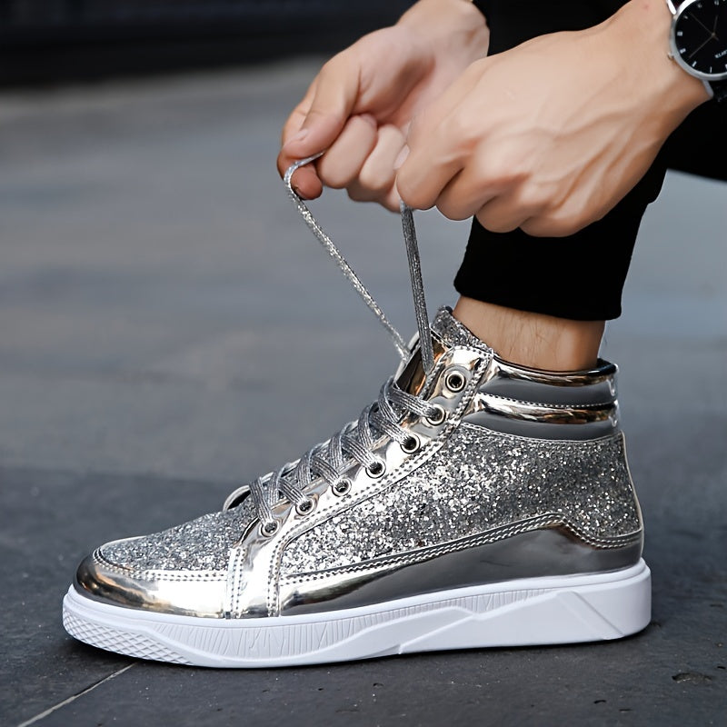 Faux Patent Leather High Top Skate Shoes, Comfy Sneakers