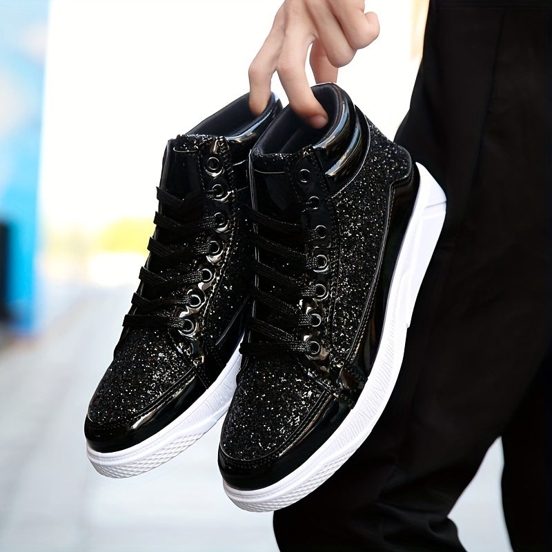 Faux Patent Leather High Top Skate Shoes, Comfy Sneakers