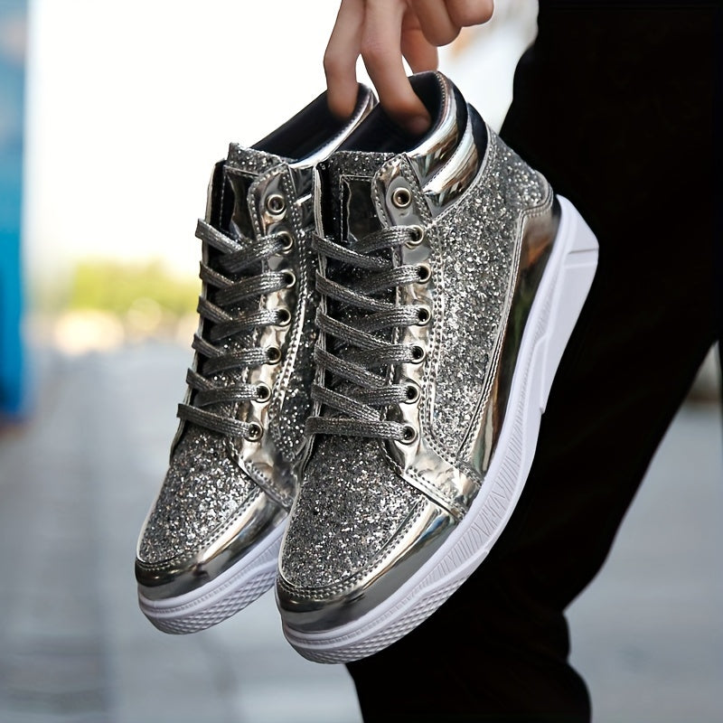 Faux Patent Leather High Top Skate Shoes, Comfy Sneakers