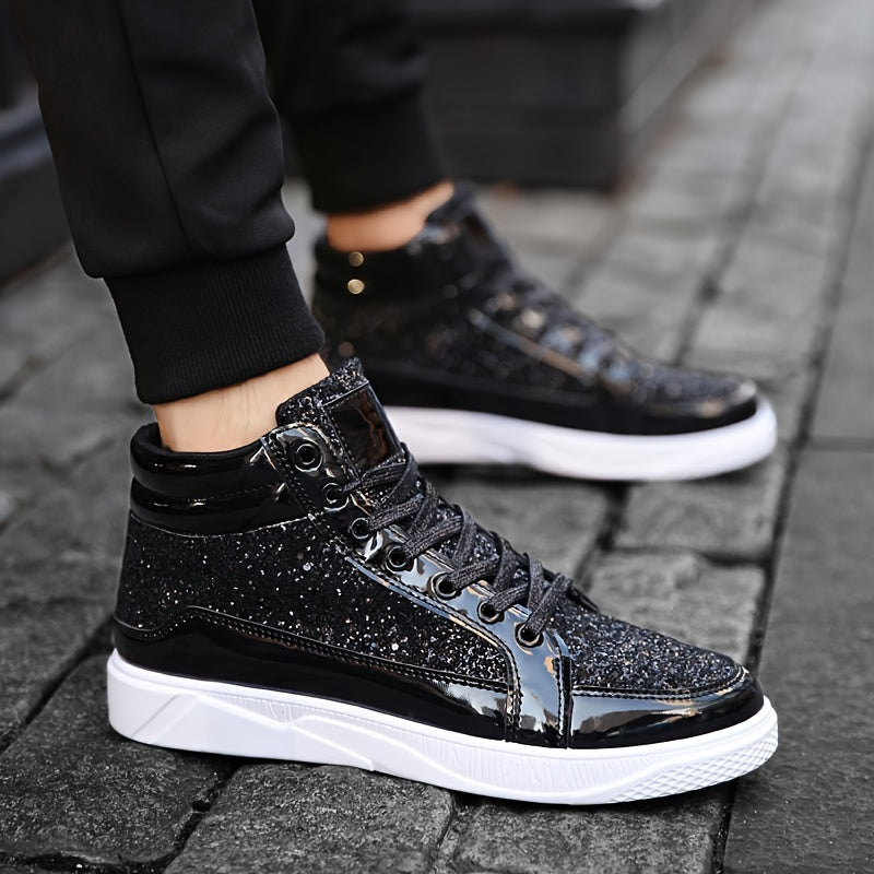 Faux Patent Leather High Top Skate Shoes, Comfy Sneakers